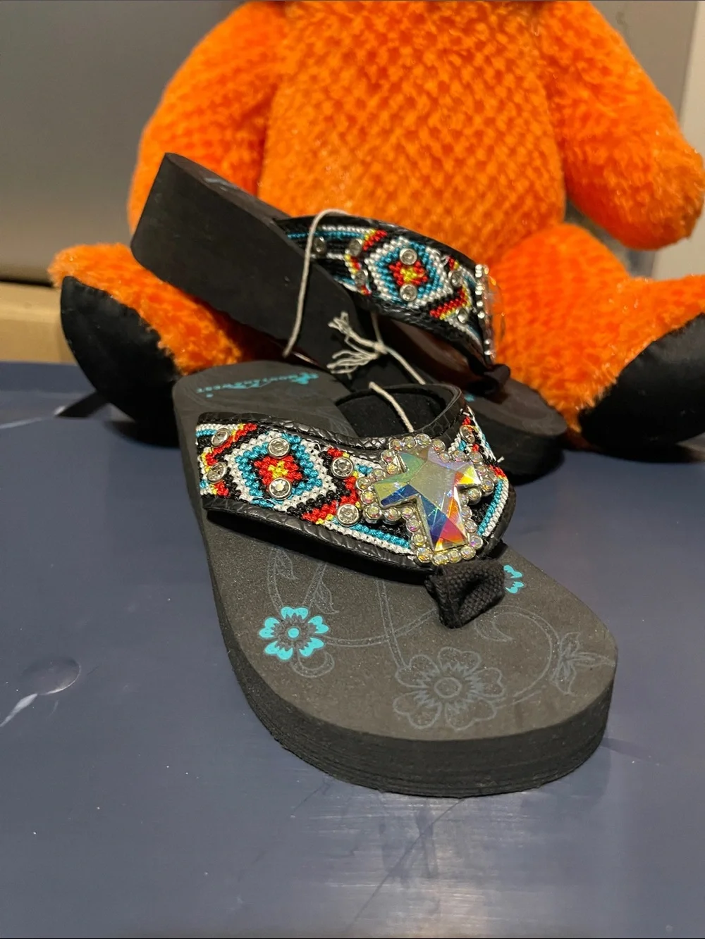 Girls Black Beaded Flip Flops with Star Gem Accent size S 10-11